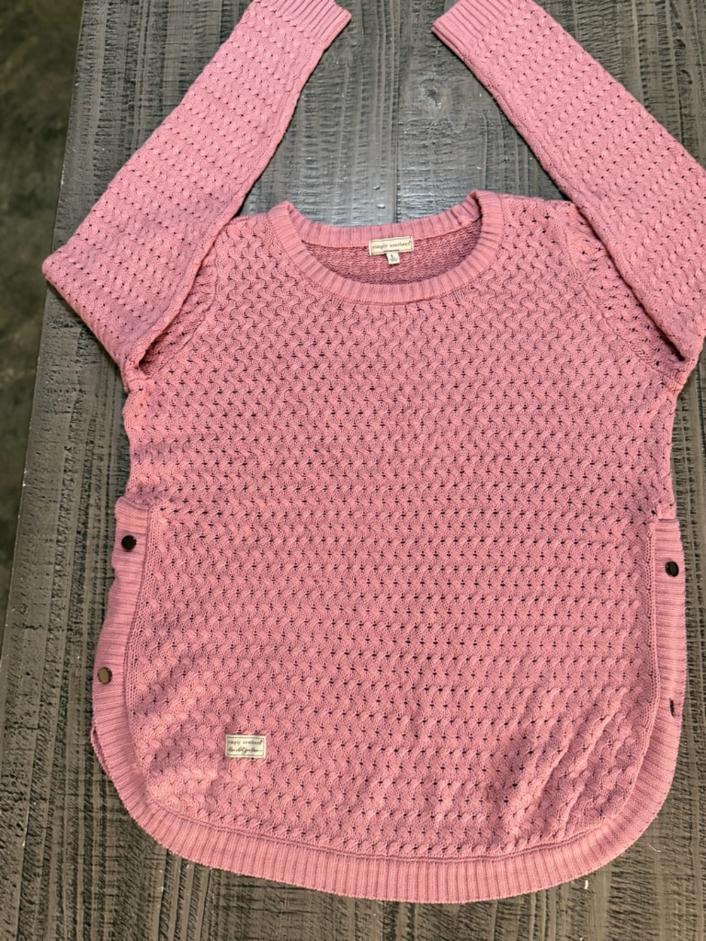 Simply Southern Pink Coral Knit Crewneck Sweater with Side Snap Details